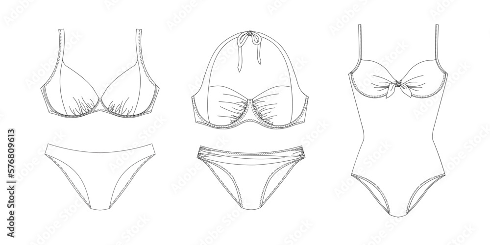 Woman swimwear, technical drawing, template, sketch, flat, mock up. Recycled PA, Recycled PES, Lycra fabric swimwear front view, white color Woman swimwear, technical drawing, template, sketch, flat, mock up. Recycled PA, Recycled PES, Lycra fabric swimwear front view, white color