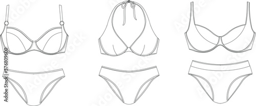 Woman swimwear, technical drawing, template, sketch, flat, mock up. Recycled PA, Recycled PES, Lycra fabric swimwear front view, white color