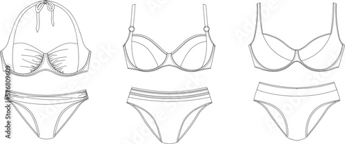Woman swimwear, technical drawing, template, sketch, flat, mock up. Recycled PA, Recycled PES, Lycra fabric swimwear front view, white color