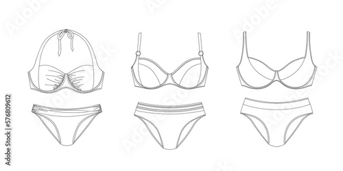 Woman swimwear, technical drawing, template, sketch, flat, mock up. Recycled PA, Recycled PES, Lycra fabric swimwear front view, white color