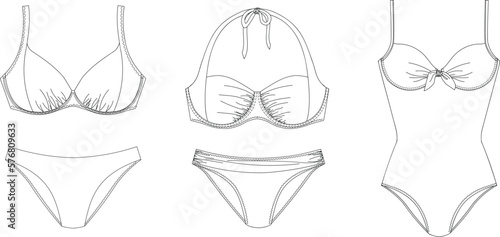 Woman swimwear, technical drawing, template, sketch, flat, mock up. Recycled PA, Recycled PES, Lycra fabric swimwear front view, white color