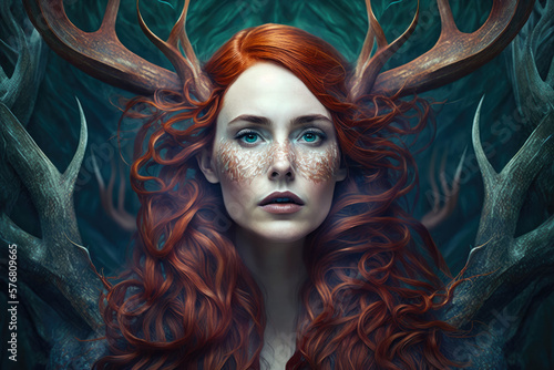 The Shape Shifter Red-Haired Woman Transforms into a Majestic Stag, generative ai