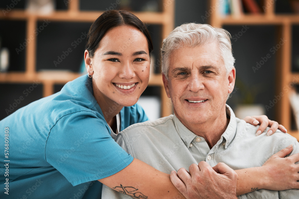 Obraz premium Asian nurse, elderly man and hug in portrait with support, empathy and nursing home care for retirement. Doctor, senior patient and kindness with solidarity, helping hand and excited face for embrace