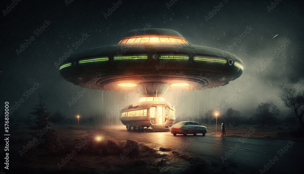 Mysterious Nighttime UFO Abduction with Trailer and Car in Frame, generated by IA Mysterious Nighttime UFO Abduction with Trailer and Car in Frame, generated by IA