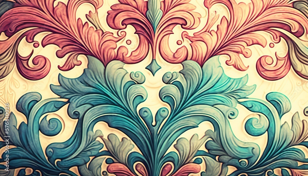 a painting of a flower on a wall with a blue and pink design on the side of the wall and the bottom half of the picture. generative ai a painting of a flower on a wall with a blue and pink design on the side of the wall and the bottom half of the picture. generative ai