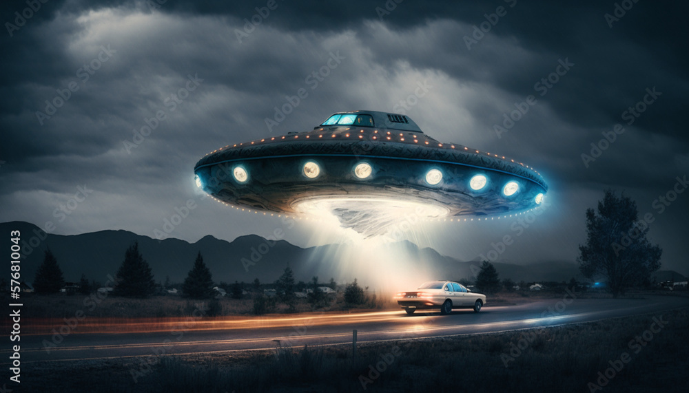 Surreal Alien Abduction Nighttime Landscape, generated by IA Surreal Alien Abduction Nighttime Landscape, generated by IA