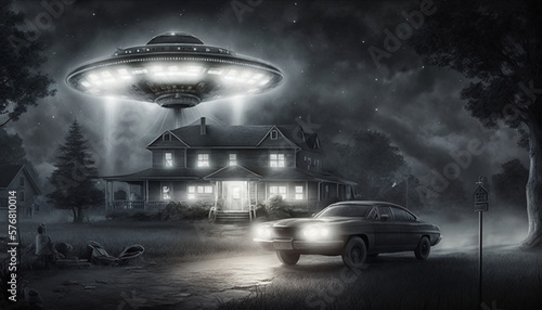 Mysterious UFO Abduction with Intricate Farmhouse and Forest Setting, generated by IA