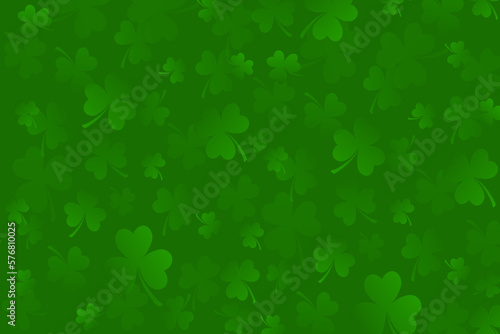Green clover leaves background. St. Patrick's day template. Spring nature backdrop with flying shamrock. Place for text. Vector illustration for poster, flyer, web banner or social media.