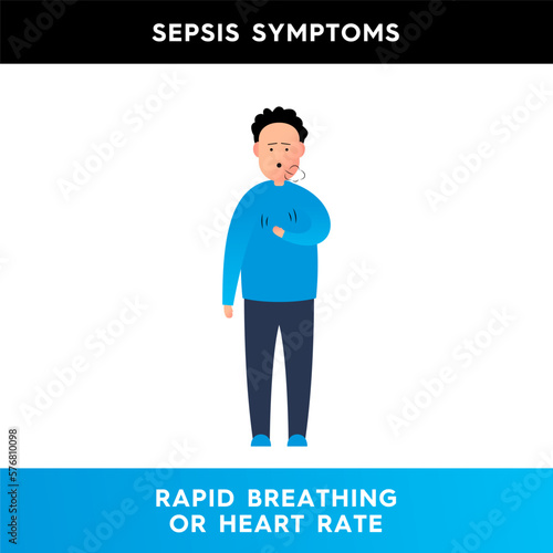 Vector illustration of a man who has a frequent heartbeat. A character who finds it difficult to breathe, he does not have enough air. Symptoms of sepsis. Illustration for medical articles, posters.