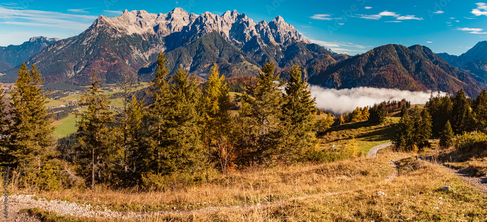 High resolution stitched autumn panorama at the famous Buchensteinwand summit, St. Jakob in Haus, Tyrol, Austria