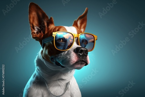 Dog wearing sunglasses isolated on blue background, Generative AI