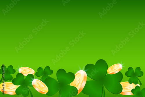 Clover leaf with gold coins on green background. Happy St. Patrick's day template. Vector illustration for greeting card, invitation, social media post, banner, poster or flyer.