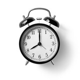 Black Twin Bell Alarm Clock analog classic vintage retro style, isolated on a transparent background, PNG. High resolution.
