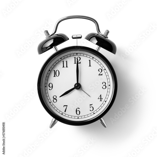 Black Twin Bell Alarm Clock analog classic vintage retro style, isolated on a transparent background, PNG. High resolution.
 photo