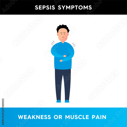 Vector illustration of a man who has muscle pain in different parts of the body. The person experiences weakness and pain in the muscles. Symptoms of sepsis. Illustration for medical articles, posters