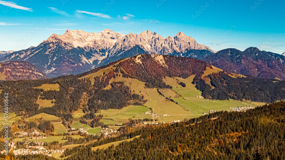 Beautiful alpine autumn or indian summer view at the famous Streuboeden summit, Fieberbrunn, Pillerseetal valley, Tyrol, Austria