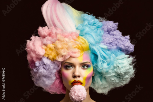 Whimsical portrait of a woman with pink cotton candy hair wearing a rainbow tutu, generative ai