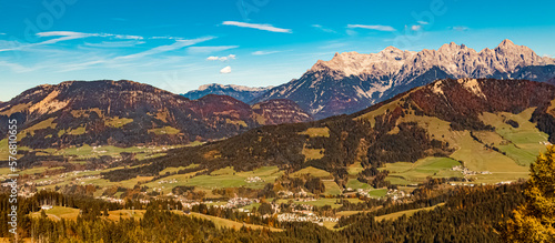 Beautiful alpine autumn or indian summer view at the famous Streuboeden summit, Fieberbrunn, Pillerseetal valley, Tyrol, Austria photo