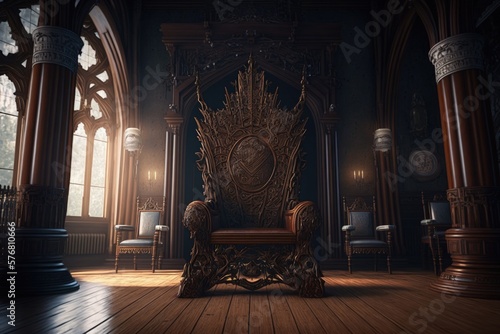 King's throne in the castle's royal room, Generative AI