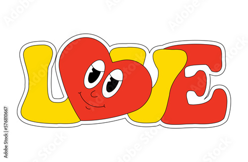 Groovy Hippie Love Lettering Sticker Retro Emoji Retro Pop Art Vector Vintage Illustration.