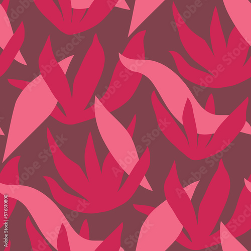 Abstract floral seamless pattern with pink wavy leaves and plants