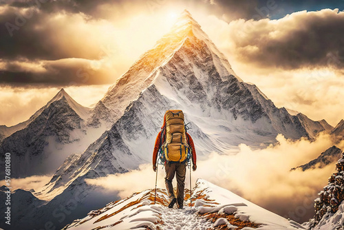 Explorer stand in front of high mountain peak landscape. Bright sun shine. Generative AI