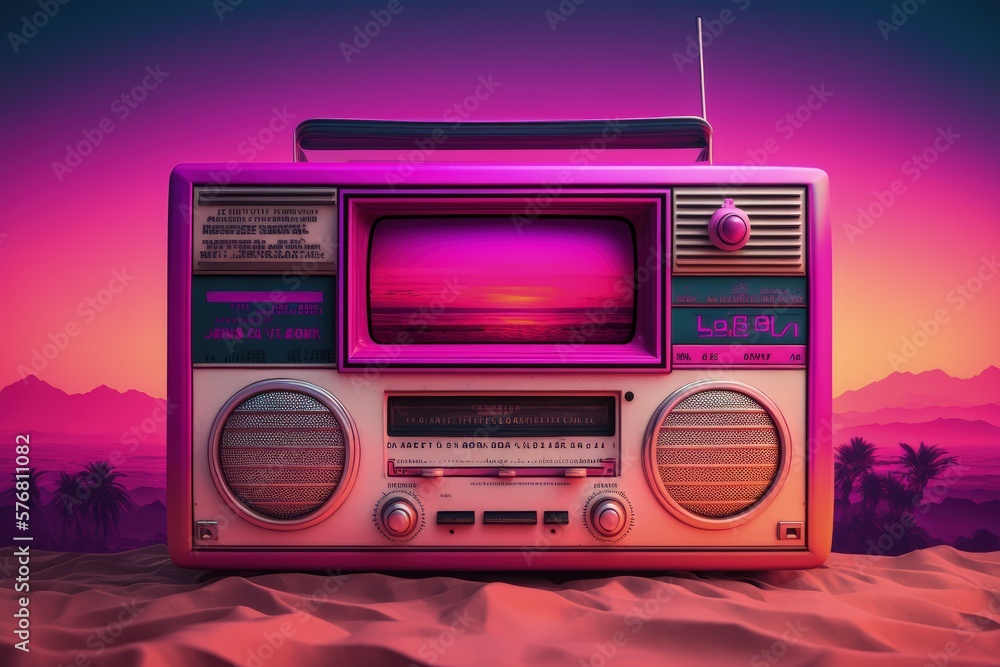 Old radio on background with purple and pink colors vaporwave style, Generative AI - obrazy, fototapety, plakaty 
