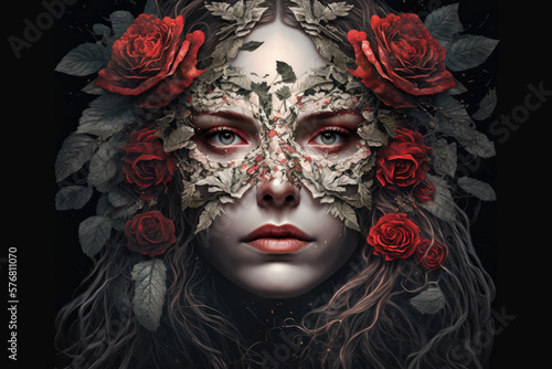 Beautiful woman with a mask of roses over her face and hair in a braid, generative ai
