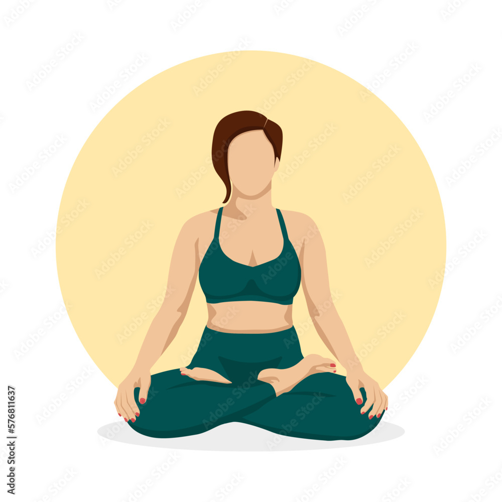 A faceless woman sitting in a lotus yoga asana position, wearing a green sports uniform. Mental health, emotion control and personal harmony concept. Time for yourself. Vector flat illustration