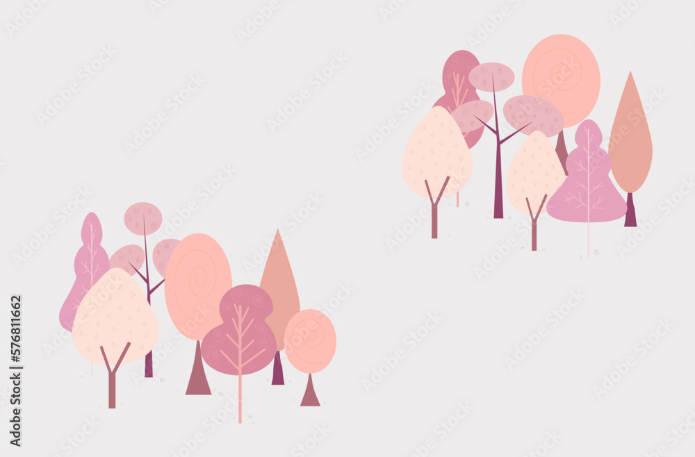 Vector illustration of a forest with trees and bushes in pink color.