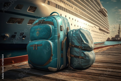 Fototapet Suitcases in port with cruise ship in background, Generative AI