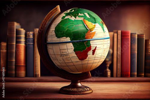 An old globe with Africa on the table against the background of bookcases. Concept on the topic of history, science, culture, education photo