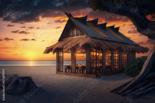 Wooden restaurant on the beach sand overlooking the sea and sunset, Generative AI