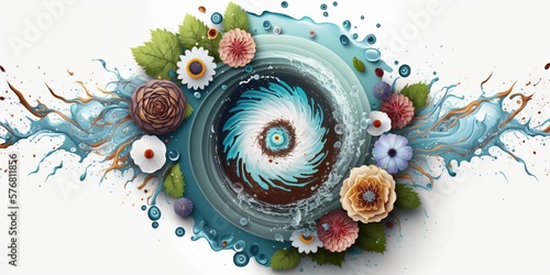 Top view of rotating swirl of water splashes and flowers on white background, concept of Abstract and Pattern, created with Generative AI technology