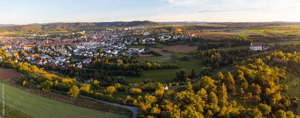 Aerial top view over Rottenburg am Neckar at sunset