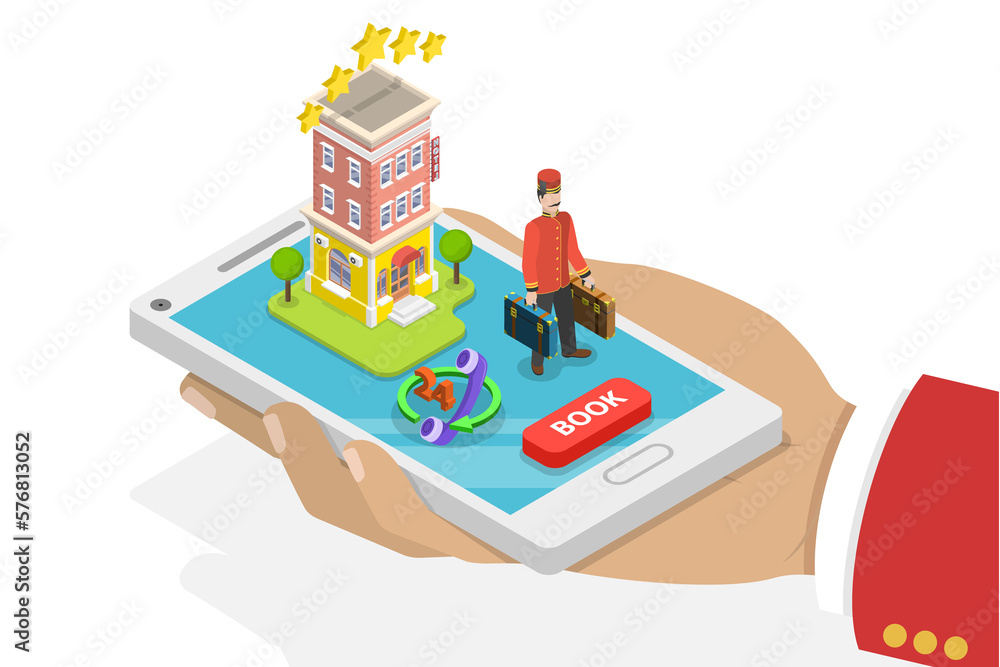 Online hotel search and booking flat isometric  concept.