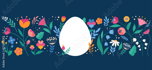 Happy Easter, decorated geometric style Easter card, banner. Bunnies, Easter eggs, flowers and basket. Modern minimalist design