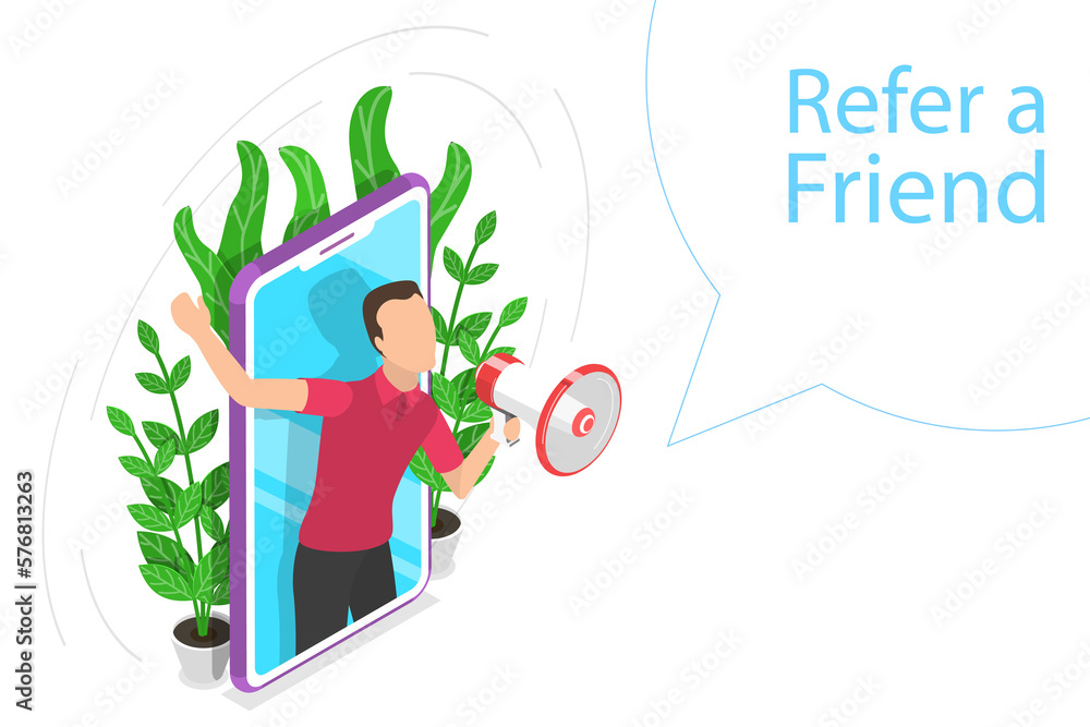 Isometric flat concept of refer a friend illustration. Isometric flat concept of refer a friend illustration.