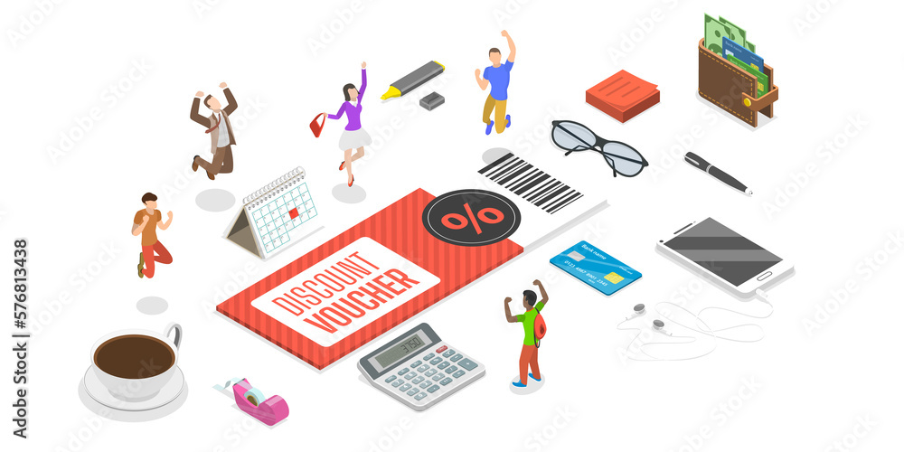 Isometric flat concept of discount voucher, advertising campaign. Isometric flat concept of discount voucher, advertising campaign.
