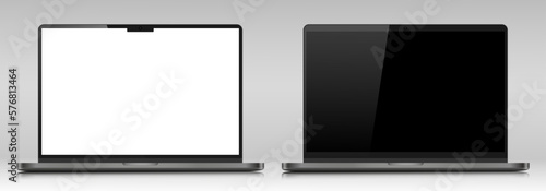 Mock-ups of laptops in a metal case with black and white screens. Models of realistic laptops on a gray background. Vector illustration.