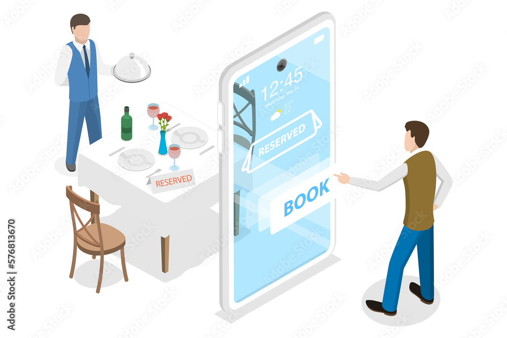 3D Isometric Flat Concept of, Restaurant and Cafe Online Food Order App. 3D Isometric Flat Concept of, Restaurant and Cafe Online Food Order App.