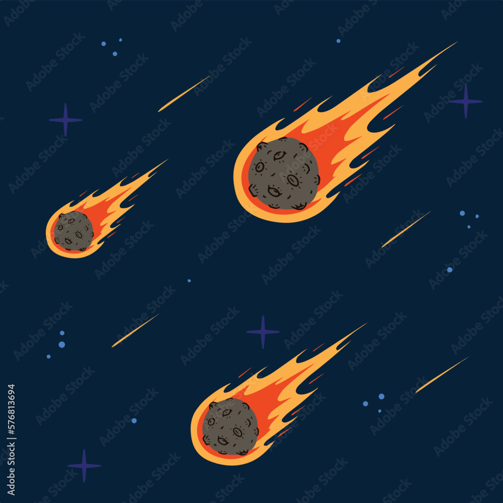 Flying asteroid, Burning comet on background of night sky. Astronomical object with tail vector design illustration. Dangerous space object - obrazy, fototapety, plakaty 