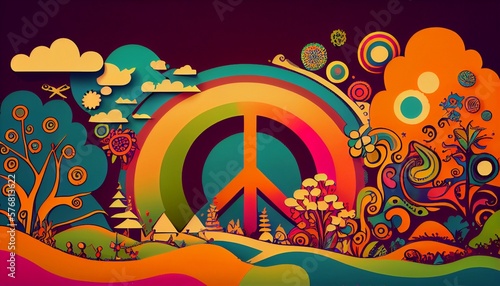 Hippie style colorful illustration background.