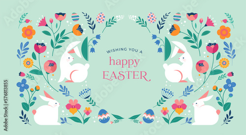 Happy Easter, decorated geometric style Easter card, banner. Bunnies, Easter eggs, flowers and basket. Modern minimalist design
