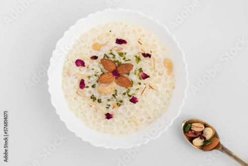 Indian Fasting Food Sabudana Kheer, Sagudana Khir Or Sago Seed Pudding Is Creamy Luscious Sweet Made Of Tapioca Pearls Soaked In Milk And Flavored With Dry Fruits. Enjoyed On Diwali Puja, Navaratra