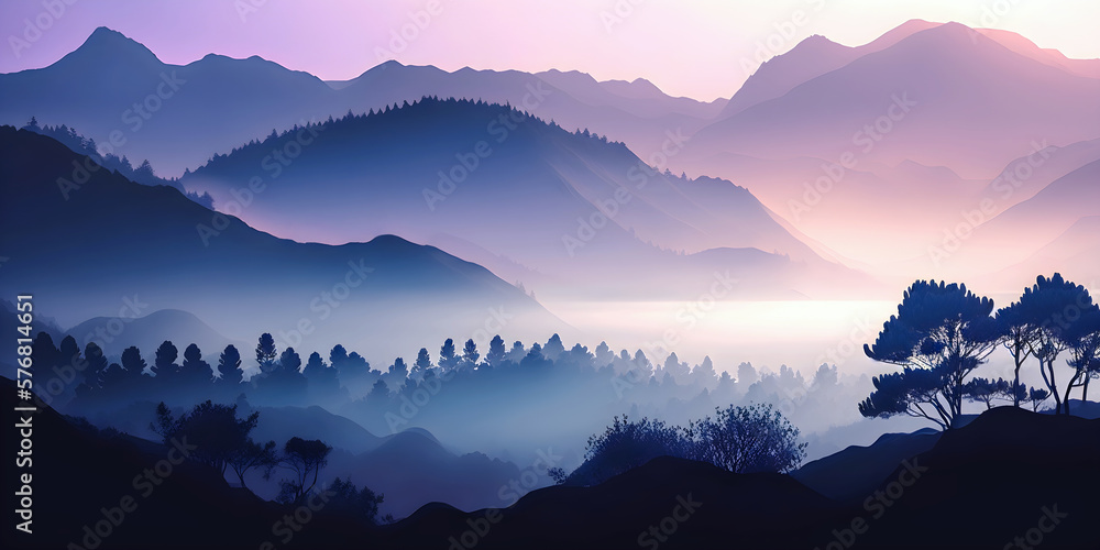 Enchanting Mountain Range in the Fog, Scenic Hills Silhouettes during Morning Mist, Ethereal Landscape Scenery, generative ai