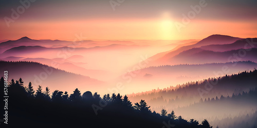 Majestic Sunrise in the Misty Mountains, Landscape with silhouettes of hills, Nature Scenery with Foggy Atmosphere, generative ai