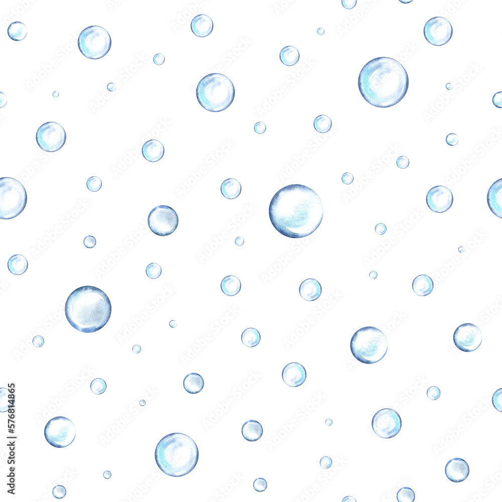 Transparent drops of water. Seamless pattern with water bubbles. Watercolor hand drawn. Label and textile Transparent drops of water. Seamless pattern with water bubbles. Watercolor hand drawn. Label and textile