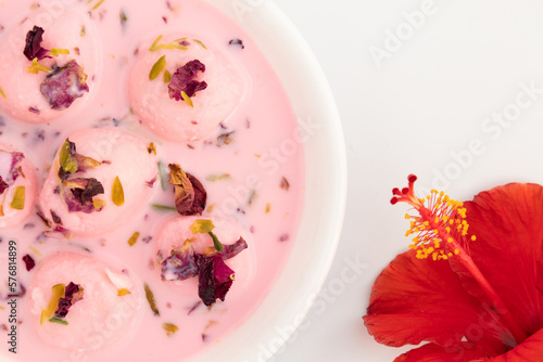 Lachhedar Pink Rose Rabdi Also Called Lachha Gulab Rabri, Gulabi Rabidi Made From Condensed Milk, Pearl Millet Flour, Dried Rose Petal, Gulab Jal Water, Badam, Almonds, Badaam, Kesar, Saffron, Sugar