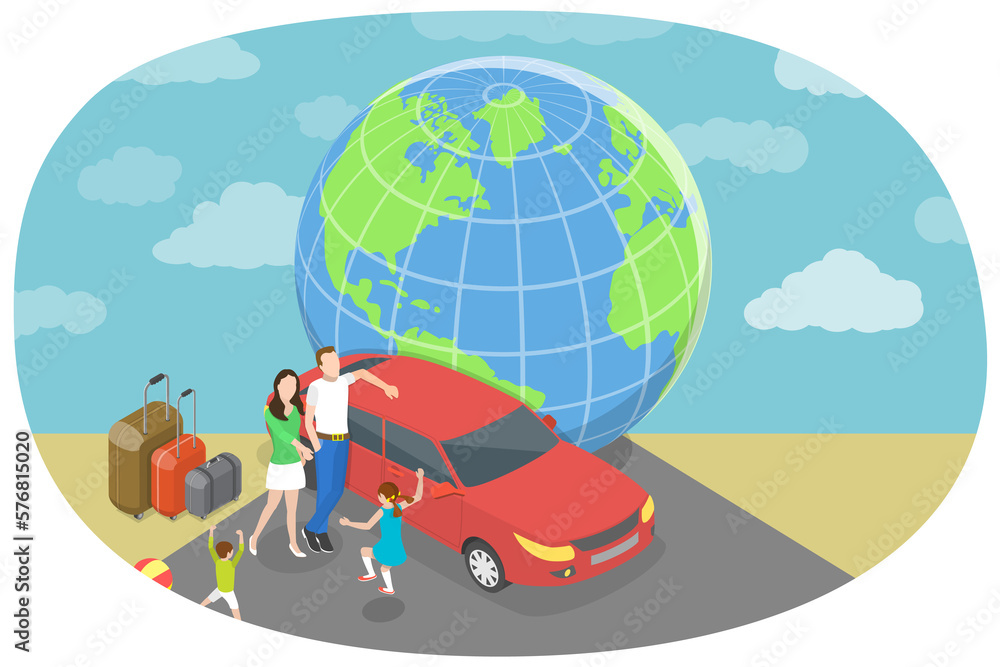 Fototapeta premium 3D Isometric Flat Conceptual Illustration of Car Family Trip.